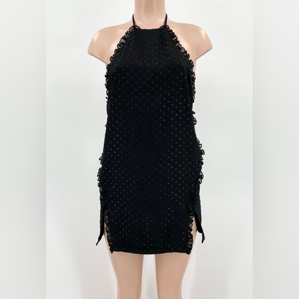 Revolve H:OURS Black Swiss Dot Ruffle Halter Mini Dress Size Small